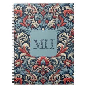 Caderno Espiral Damasco vermelho, branco e azul elegante com monog