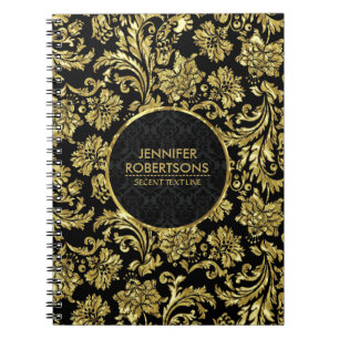 Caderno Espiral Damascos Florais Dourados E Pretos Elegantes