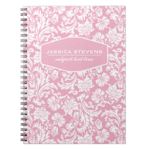 Caderno Espiral Damascos Florais Elegantes, Rosa e Branco