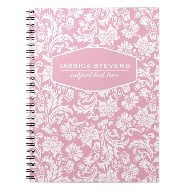 Caderno Espiral Damascos Florais Elegantes, Rosa e Branco (Frente)