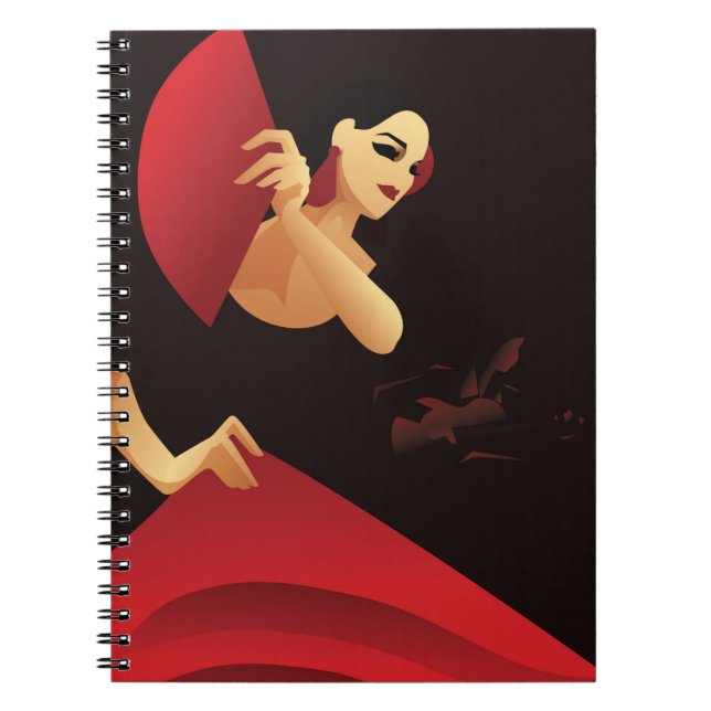 Caderno Espiral Dançarina de flamenco espanhola com fã preto e ver (Frente)