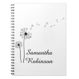 Caderno Espiral Dandelion preto e branco soprando no vento