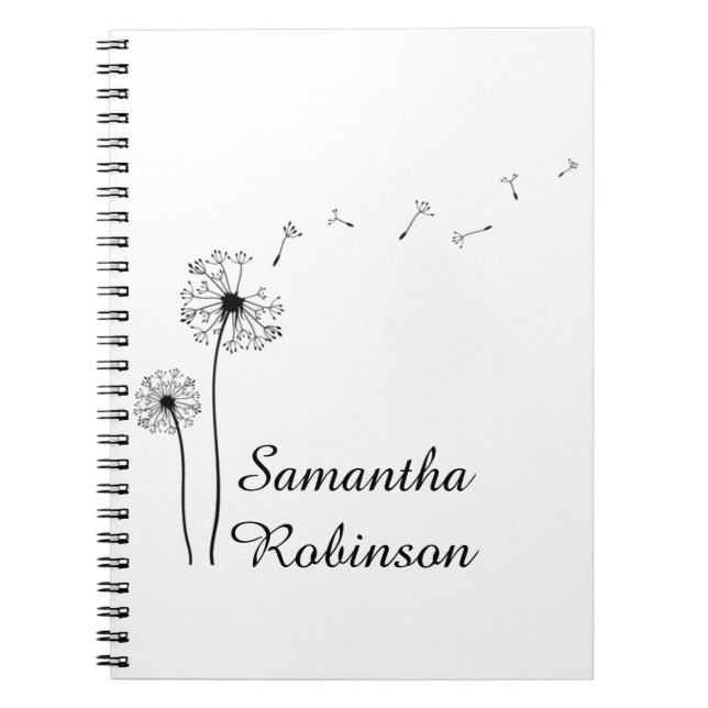 Caderno Espiral Dandelion preto e branco soprando no vento (Frente)