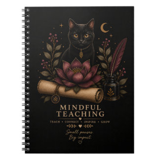 Caderno Espiral Dark Academia Mindful Teaching Black Cat & Lotus