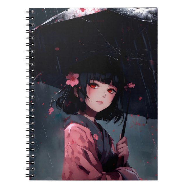 Caderno Espiral Dark Aesthetic Anime Girl with Umbrella (Frente)