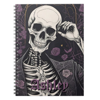 Caderno Espiral Dark Boho Gótico Esqueleto & Rosas Halloween