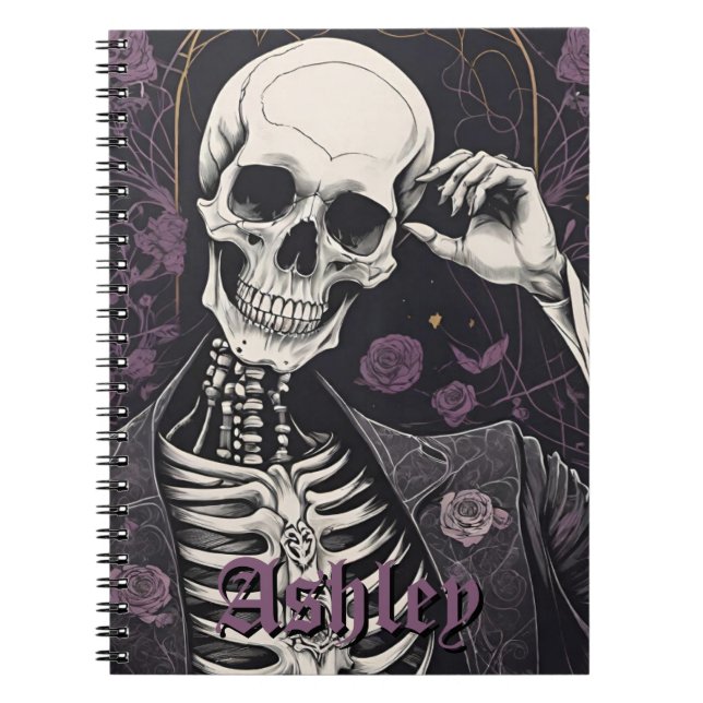 Caderno Espiral Dark Boho Gótico Esqueleto & Rosas Halloween (Frente)