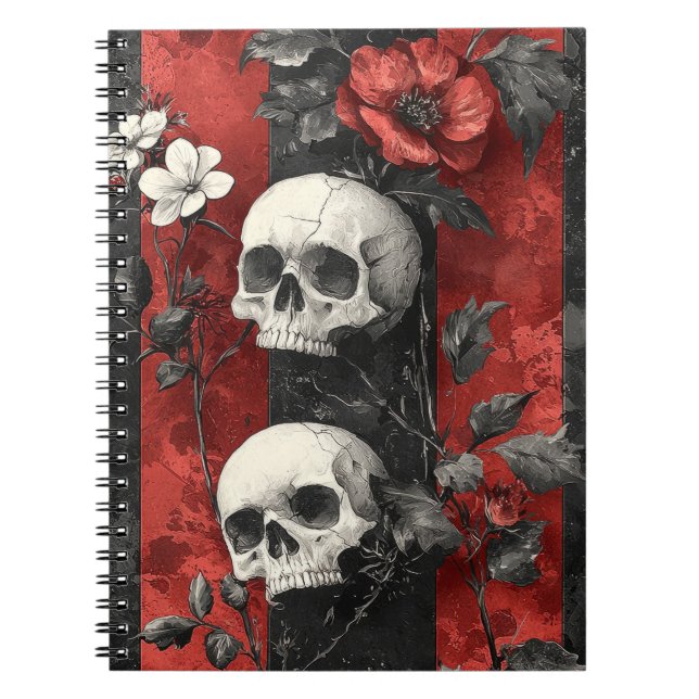 Caderno Espiral Dark Gothic Floral Skulls Red & Black Stripe (Frente)