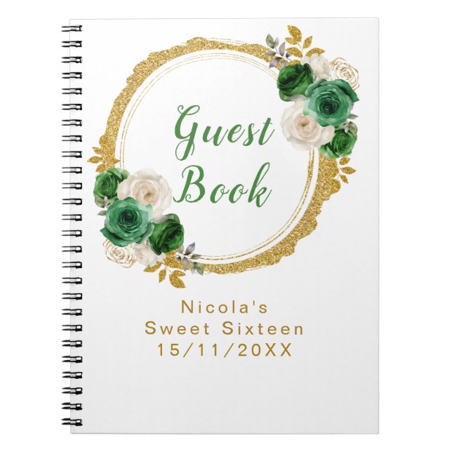 Caderno Espiral Dark Green and Gold Elegant Flowers Sweet Sixteen (Frente)