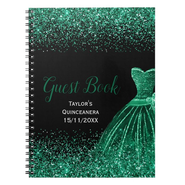Caderno Espiral Dark Green Dress Faux Glitter Quinceanera Guest  (Frente)