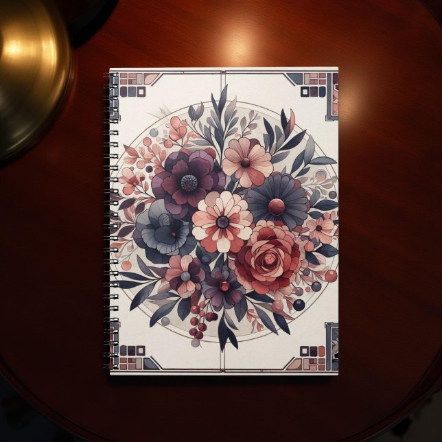 Caderno Espiral Dark Romance Burgundy Art Deco Floral Summer (Criador carregado)