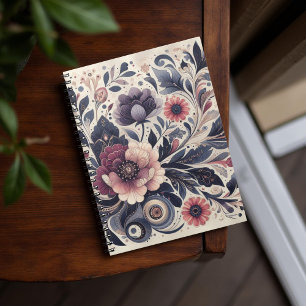 Caderno Espiral Dark Romance Burgundy Art Deco Floral Summer