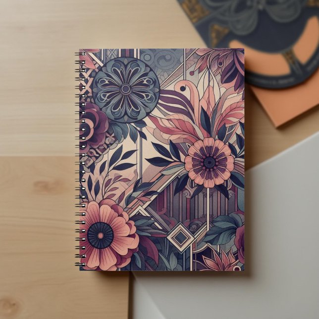Caderno Espiral Dark Romance Burgundy Art Deco Floral Summer (Criador carregado)