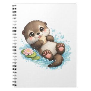 Caderno Espiral de Bebê Lontra Fofo Flutuando na Á