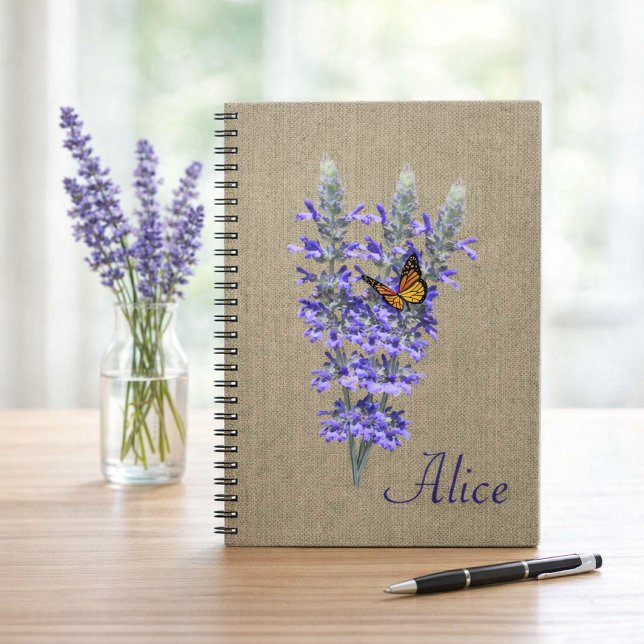 Caderno Espiral de Borboleta e Flor de Lavanda (Criador carregado)