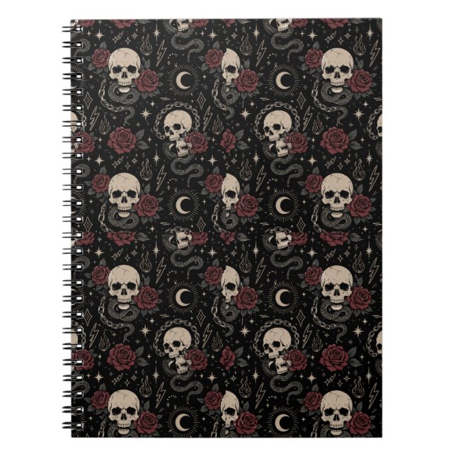 Caderno Espiral de Crânio Gótico e Rosa Vermelha (Frente)