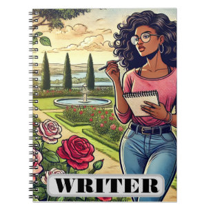 Caderno espiral de escritor em jardim de rosas