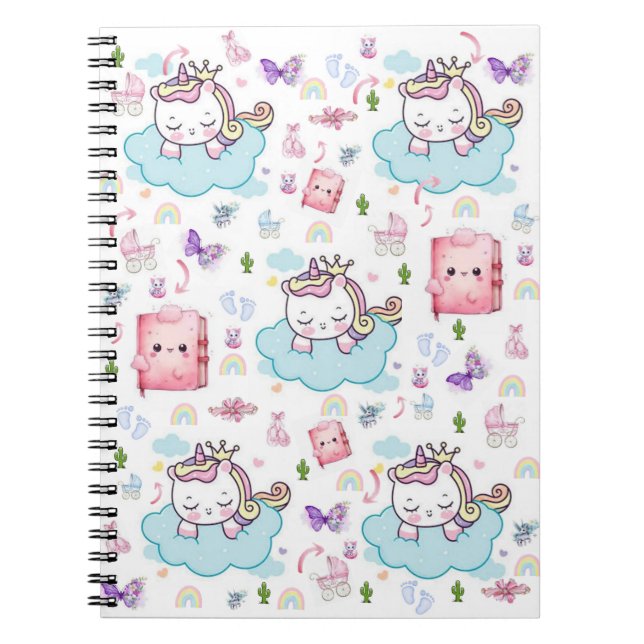Caderno Espiral de Gato Arco-íris Unicórnio Rosa e (Frente)