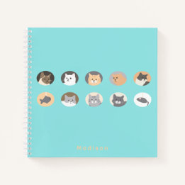 Caderno Espiral de Rostos de Gato Azul Personaliza