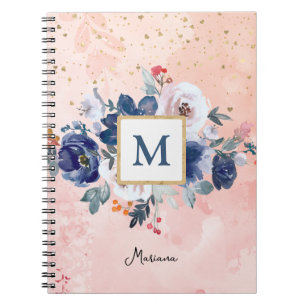 Caderno Espiral De Volta À Escola Blue Watercolor Floral Pink Girl