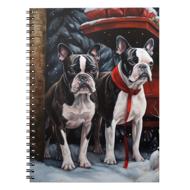 Caderno Espiral Decado de Natal de Boston Terrier Snowy Sleigh (Frente)