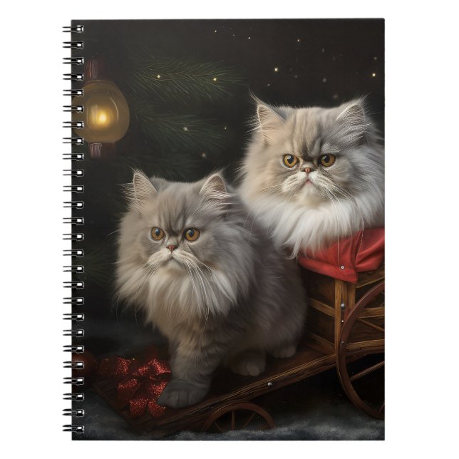 Caderno Espiral Decado de Natal de Gato Persa Snowy Sleigh (Frente)