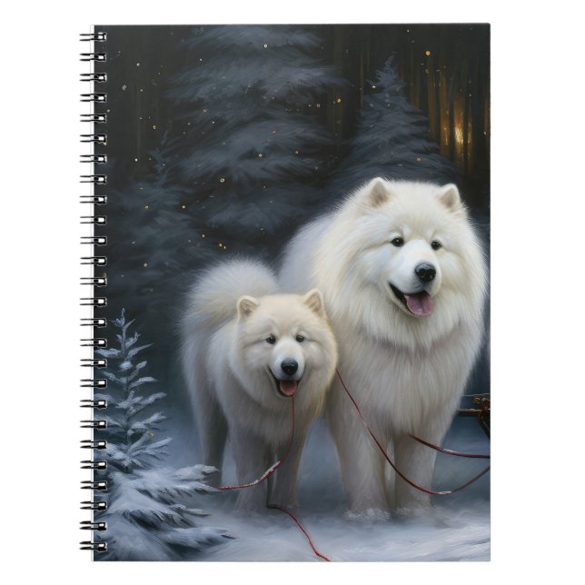 Caderno Espiral Decoração de Natal Samoyed Snowy Sleigh (Frente)