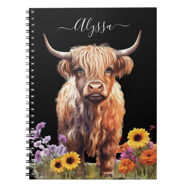 Caderno Espiral Decoupage do Jardim Floral Russo de Vaca Highland (Frente)