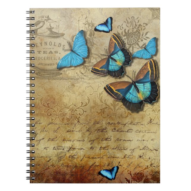 Caderno Espiral Decoupage Rústico Antigo e Borboletas Azuis (Frente)