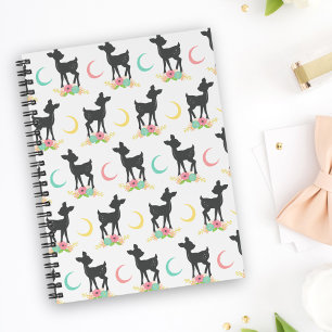 Caderno Espiral Deer Pattern, Baby Deer, Boho, Flores, Lua