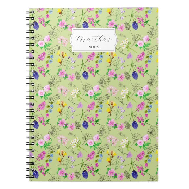 Caderno Espiral Delicar flores silvestres de aquarela em verde (Frente)