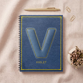 Caderno Espiral Denim Azul Costura Amarela Inicial V Falso Couro