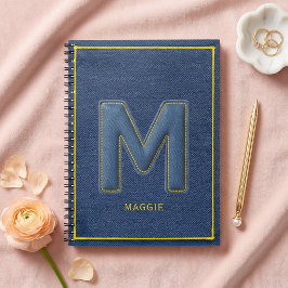 Caderno Espiral Denim Azul Y2K Amarelo Costura Monograma Letra M