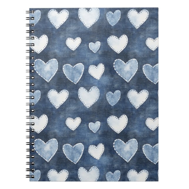 Caderno Espiral Denim Branco Corações Azuis (Frente)