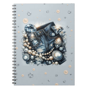 Caderno Espiral Denim Diamantes e Pérolas Jeans Bling