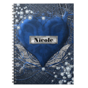 Caderno Espiral Denim & Diamonds Coração Azul Personalizado