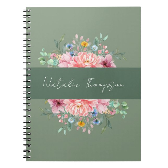 Caderno Espiral Denominação floral feminina verde elegante monogra (Frente)