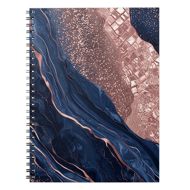 Caderno Espiral Desenho Abstrato em Azul Naval e Dourado Rosa (Frente)