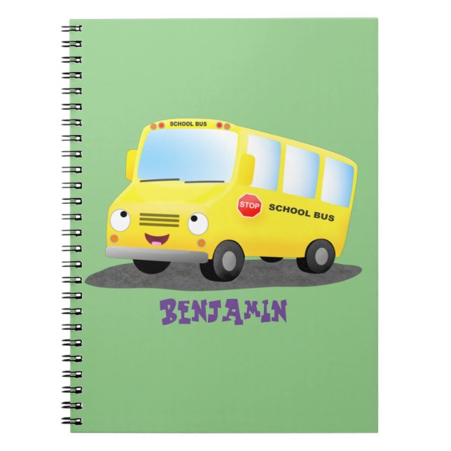 Caderno Espiral Desenho animado de ônibus escolar amarelo feliz e  (Frente)