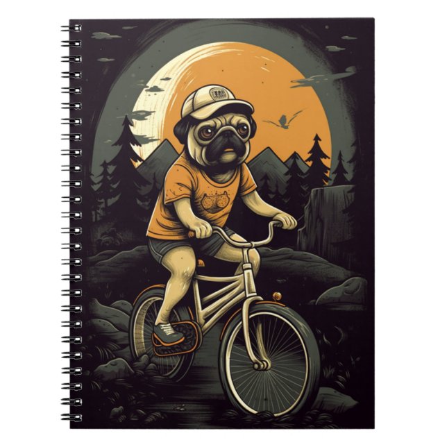 Caderno Espiral Desenho animado de Pug em bicicleta para crianças (Frente)