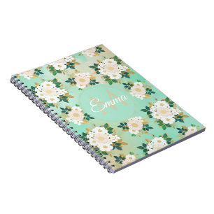 Caderno Espiral Desenho Aquarela Menta de Flores Brancas Romântica