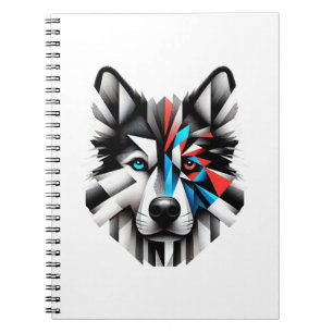 Caderno Espiral Desenho de Arte Moderna Face de Husky Geométrico