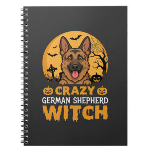 Caderno Espiral Desenho de Bruxa do Pastor Alemão Louco do Hallowe