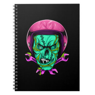 Caderno Espiral Desenho de capacete de motociclista com caveira de