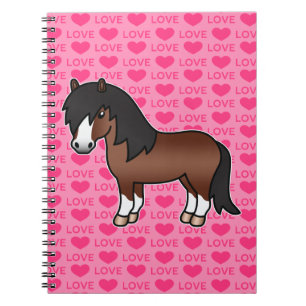 Caderno Espiral Desenho de Cartoon Brown Shetland Pony e Corações 