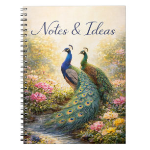 Caderno Espiral Desenho de Casal de Pavão Elegante   Natureza Esté
