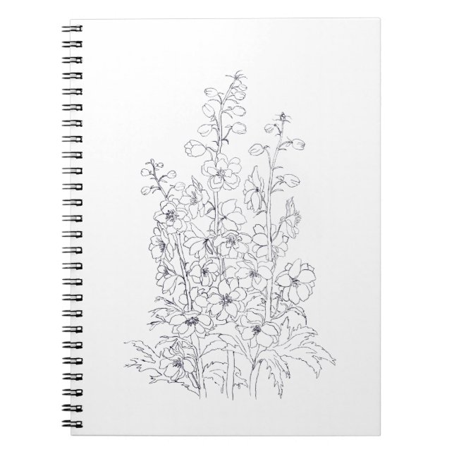 Caderno Espiral desenho de flores de delphinium larkspur (Frente)