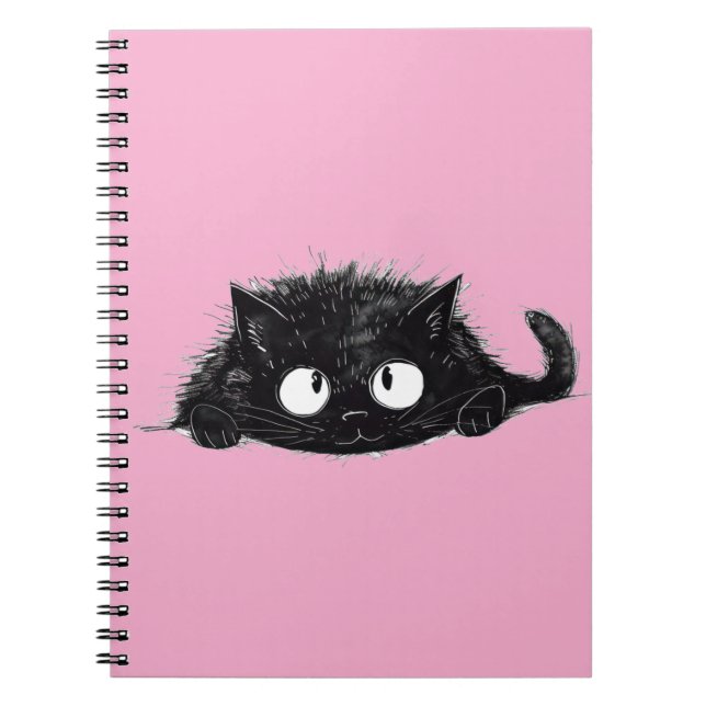 Caderno Espiral Desenho de Gato Preto Cinto (Grão-Rosa) (Frente)