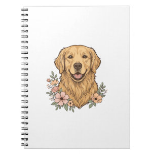 Caderno Espiral Desenho de Gravura Vintage Floral do Golden Retrie