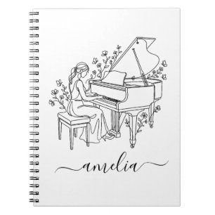 Caderno Espiral Desenho de Linha de Pianista Feminina Personalizad